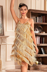 Goldenes Spaghettiträger Fransen 20er Great Gatsby Kleid